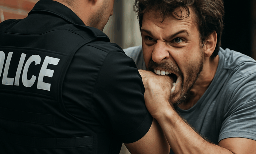 Camarada surta e morde a mão de um policial